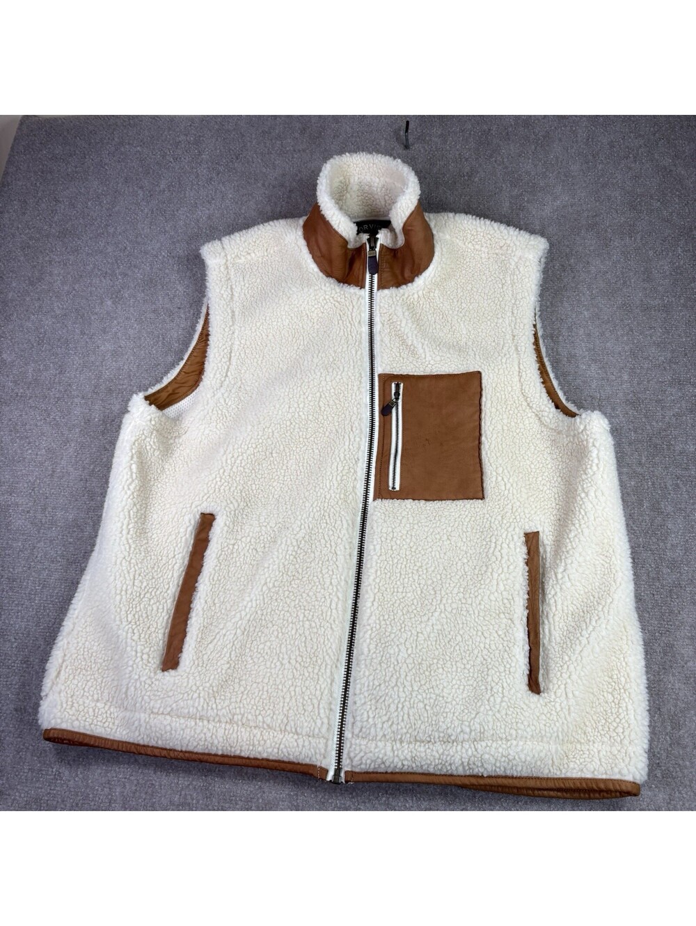 Orvis Sherpa Vest Mens Deep High Pile Fleece Leather Trim Outdoor Work Wear XL